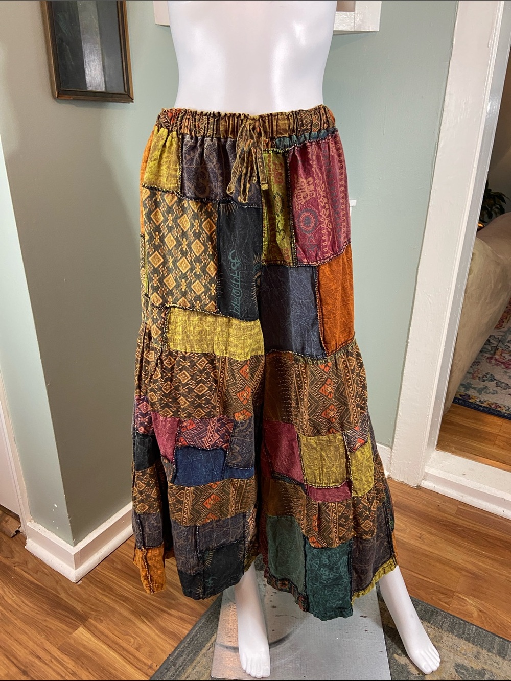 Kathmandu Trading Patchwork Wide Leg Pants Drawstring Waist Cotton S/M/L Hippie